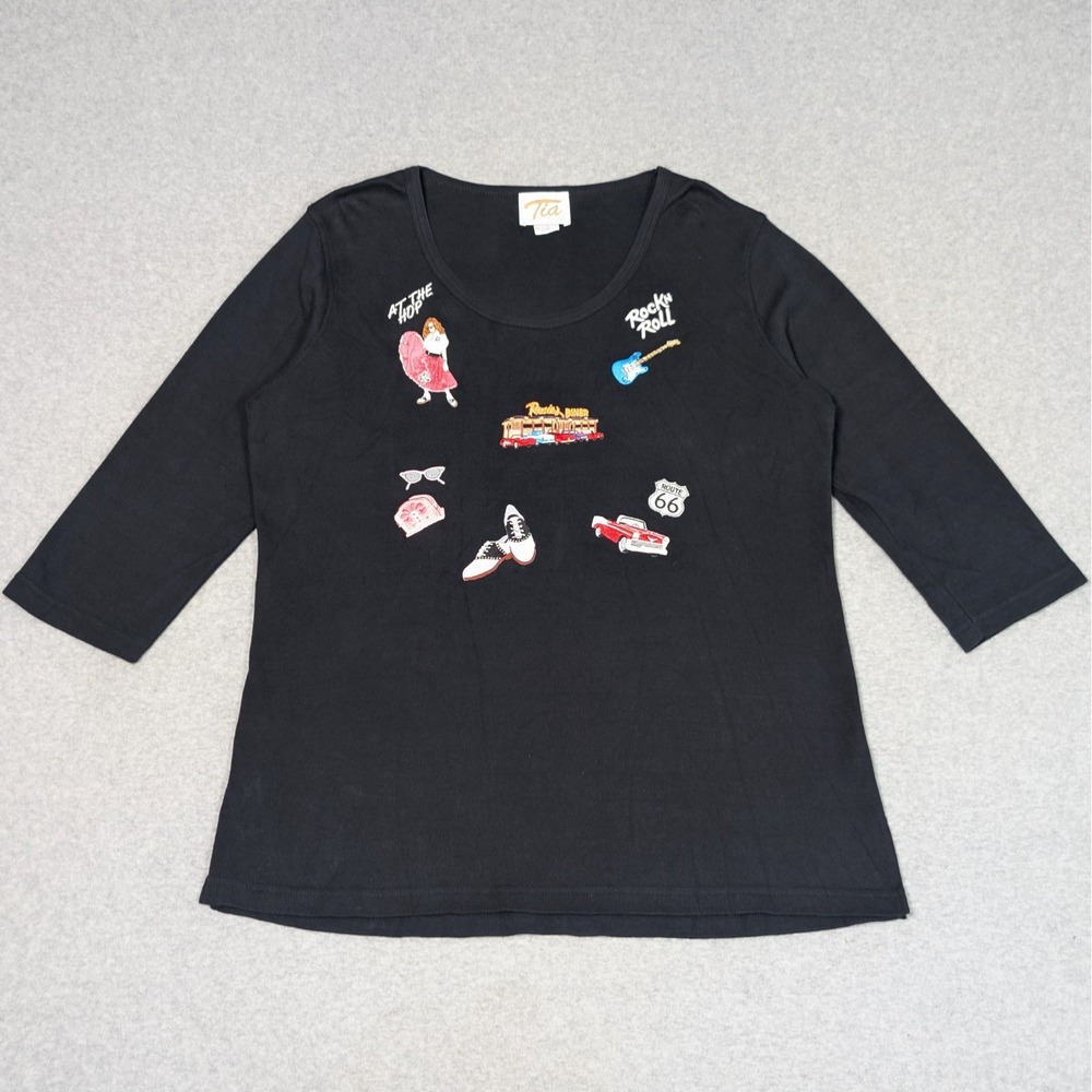 VTG Tia Designs 50's Theme Shirt XL Vintage Americana Embroidered 3/4 Sleeve Top